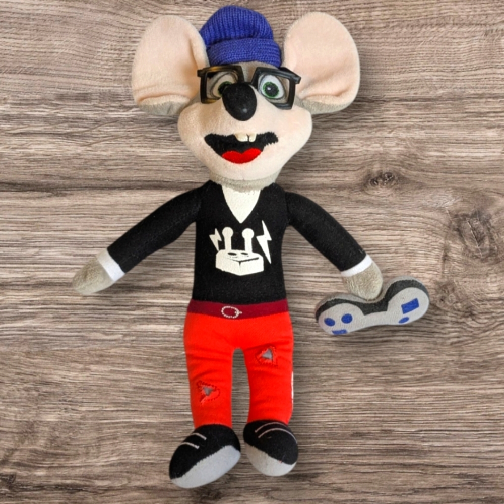 Chuck E Cheese Gamer Plush Video Game Hipster Stuffed Animal Nerd Glasses 12"